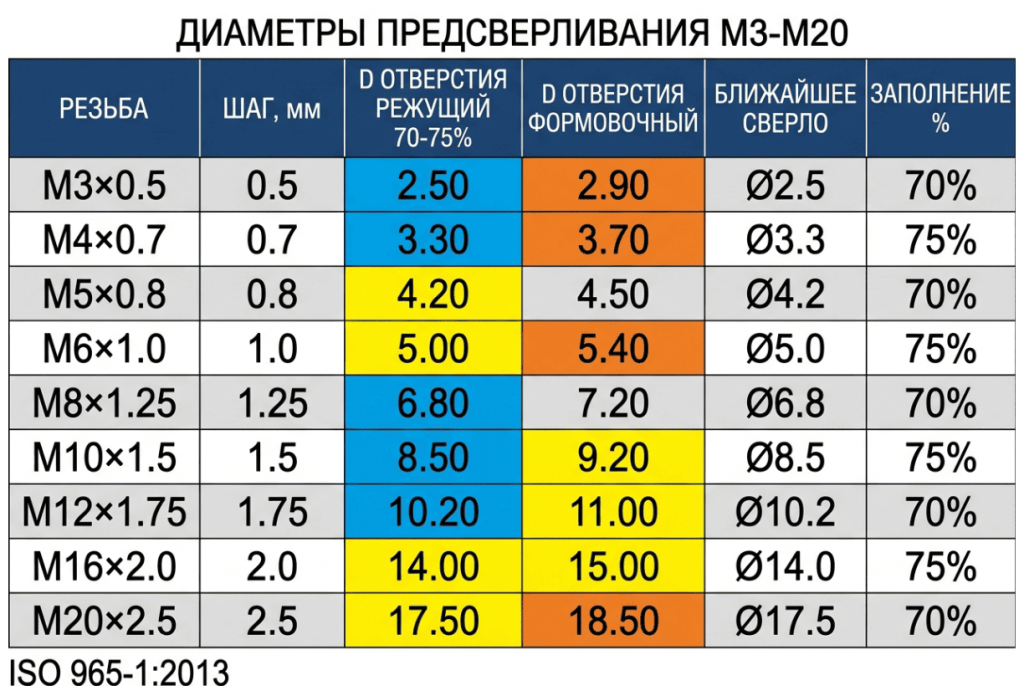 Диаметр отверстия и процент заполнения резьбы